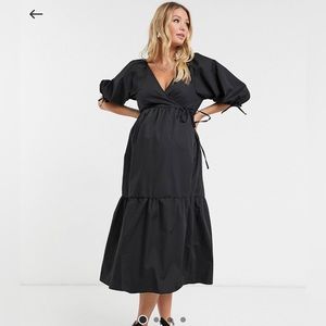 Asos Maternity Cotton Poplin Wrap Front Midi Dress in Black